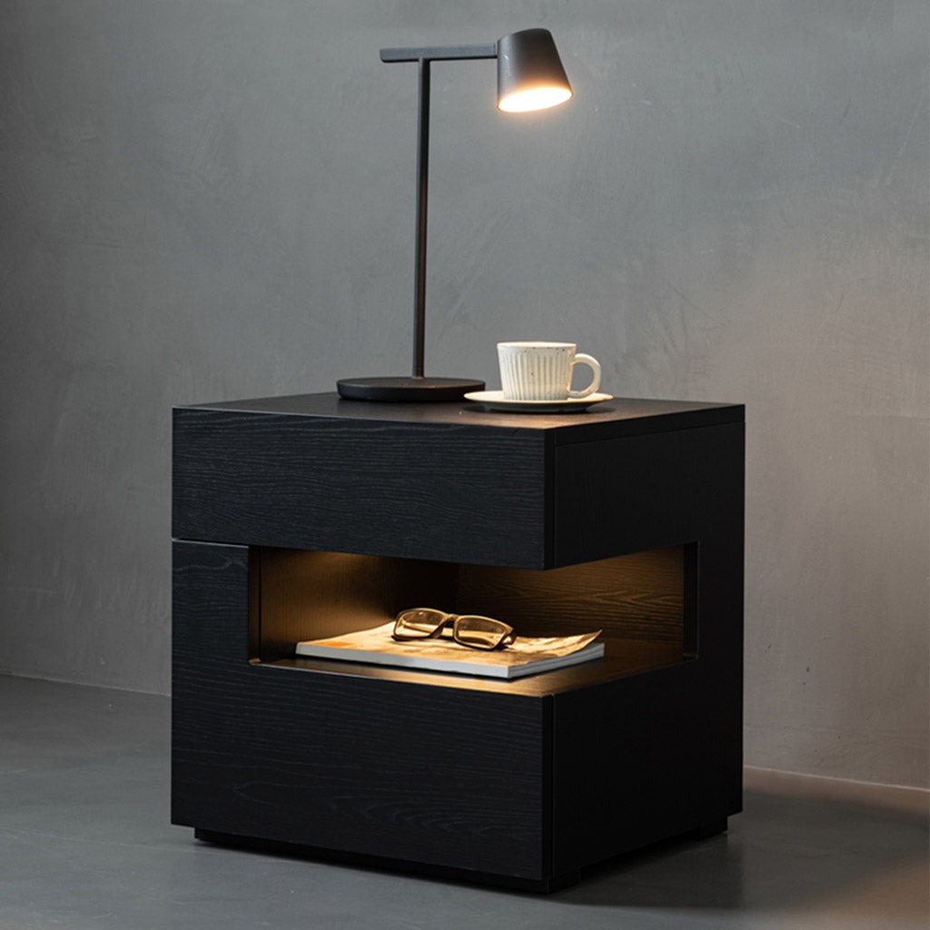 Bowen nightstand black wooden side table with storage and LED light