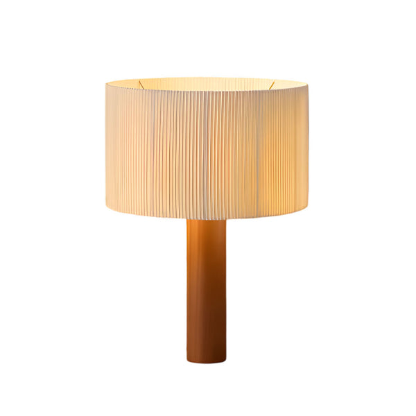 Elegant and contemporary table lamp with a cylindrical shade and wooden base