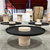 Cylindrical Travertine Base and Circular Steel Tray Top Coffee Table Factory Fabrication