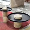 Cylindrical Travertine Base and Circular Steel Tray Top Coffee Table Factory Shot